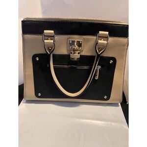 CharmingCharlie Tote Black/ Beige Gold Tone Hardware Lock Double Handle Zip